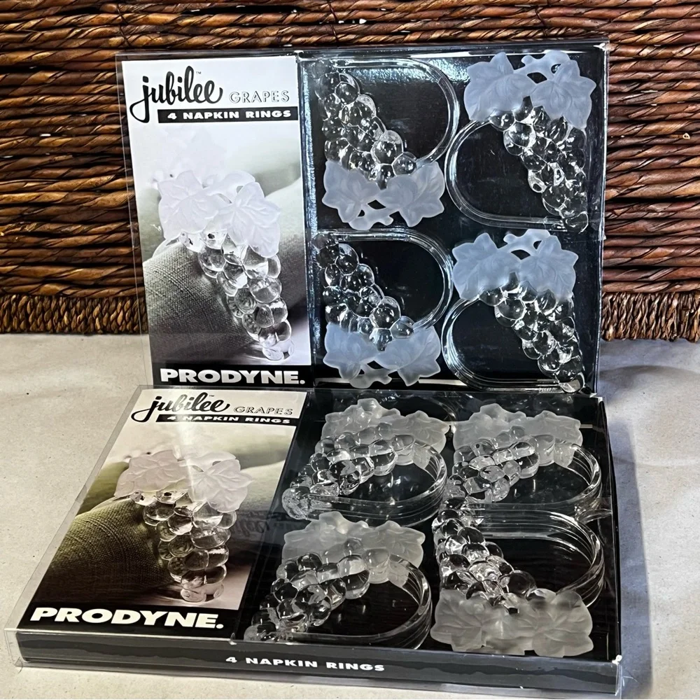 Two Sets of Clear Acrylic Grape Pattern Napkin Rings by Prodyne Vintage 1997